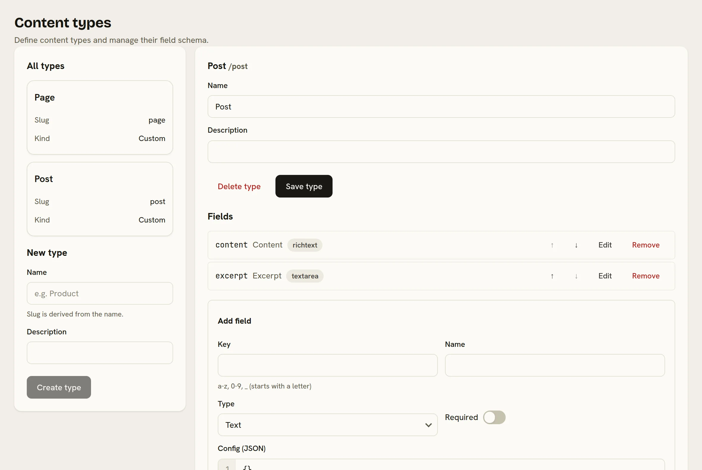The Content types page: Page and Post on the left with a form for a new type, the Post type open on the right with its content and excerpt fields and the Add field form