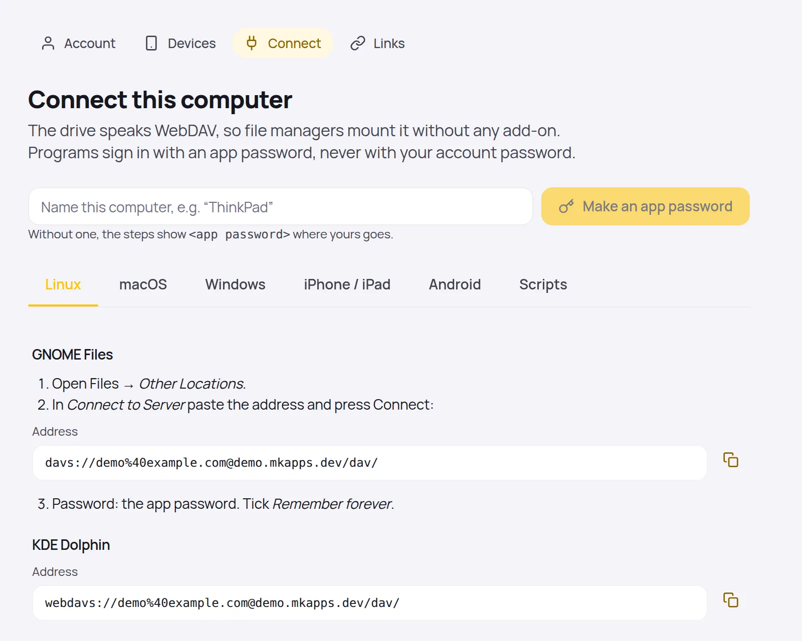 The Connect this computer page with tabs for Linux, macOS, Windows, iPhone, Android and scripts, and the WebDAV address to paste
