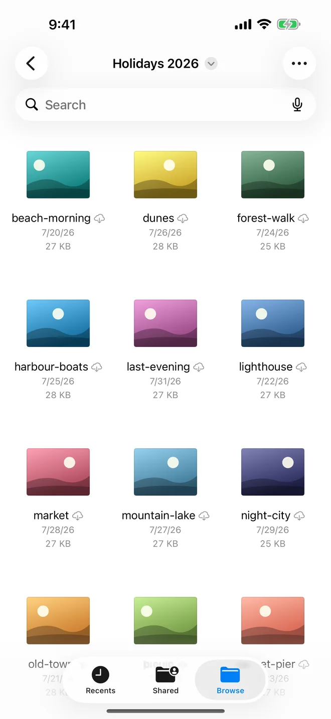 The Files app on an iPhone showing a folder on the drive as a grid of photos with their dates and sizes
