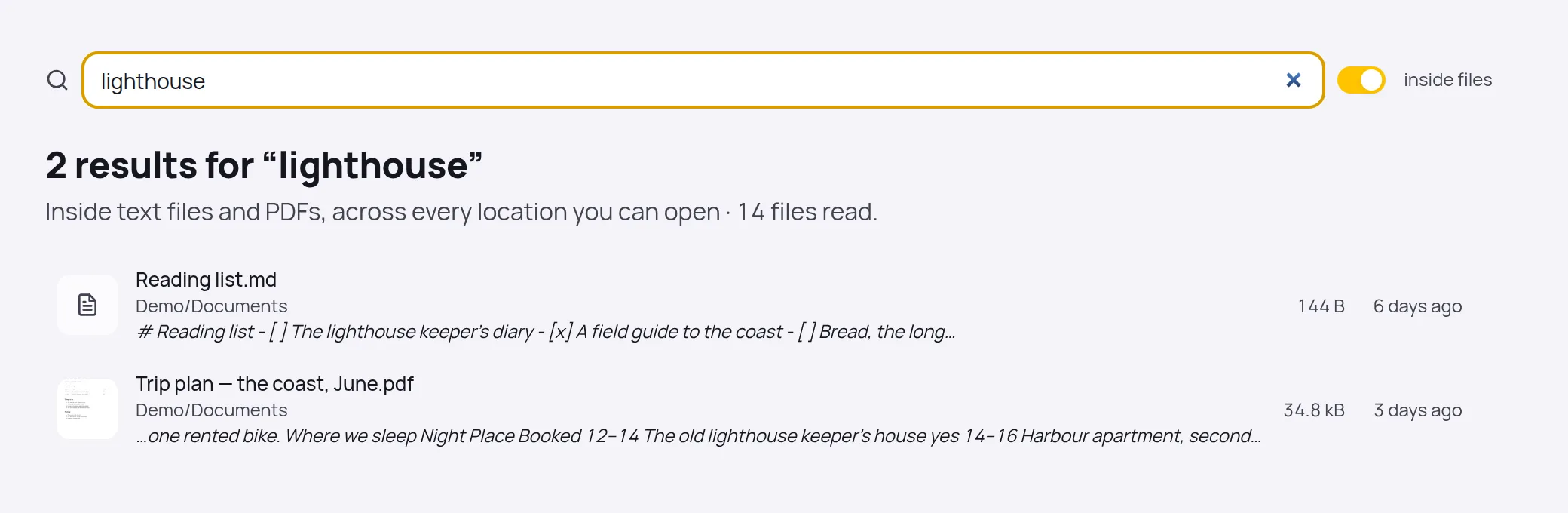 Search results for lighthouse inside files: a reading list and a trip plan PDF, each with the line where the word appears