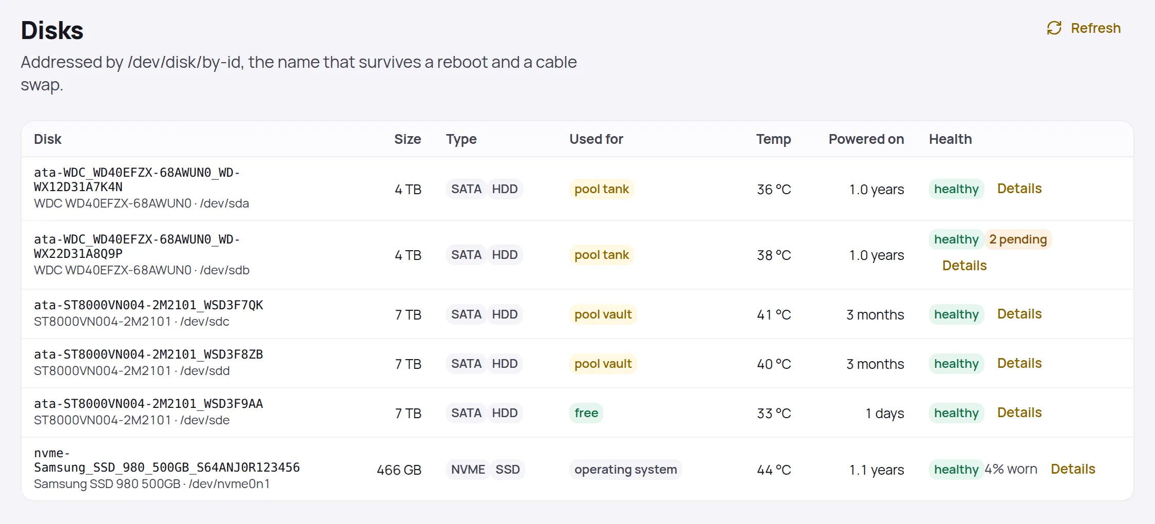 The Disks table: four pool disks, one free disk and the NVMe system disk, each with temperature, age and health; one has 2 pending sectors
