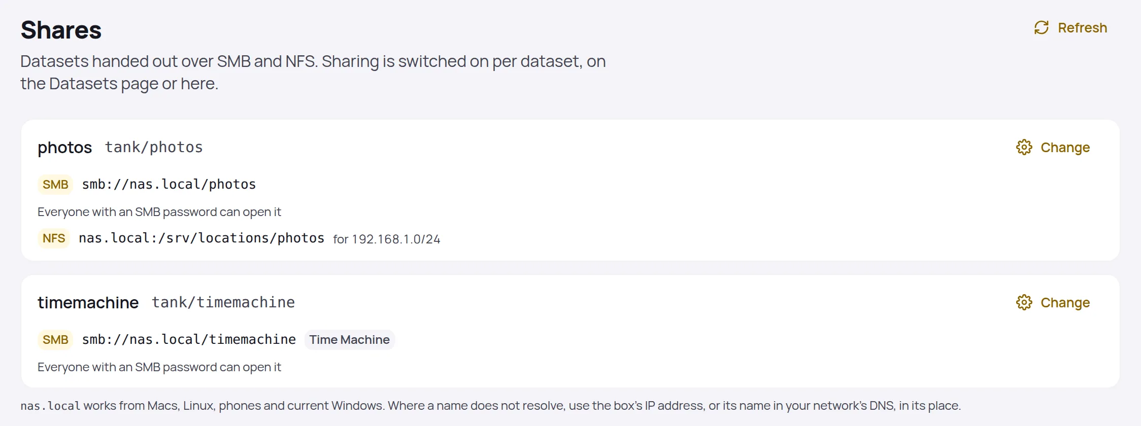 The Shares page: photos over SMB and NFS and a Time Machine share, each with its smb://nas.local address